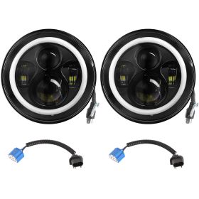 2 x 7" 6000LM Round LED Headlight Halo Angel Eyes for Jeep Wrangler TJ JK CJ w/H4 to H13 Adapter Plug and Play - Black