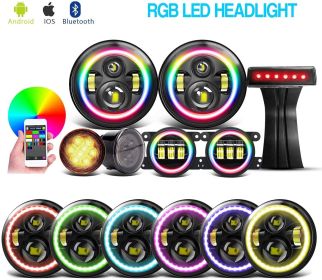 7" RGB Halo LED Headlights + 4" Halo Ring Fog Lights + Amber Turn Signal Lamps + Brake Lights for Jeep Wrangler JK 2007-2017 Rubicon JKU Sahara Sport