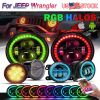 7'' RGB LED Headlights + 4 '' LED Fog Lights Color Halo Ring + Amber Turn Signal+ Fender Side Marker Lights Assembly for Jeep Wrangler 2007-2017 JKU J