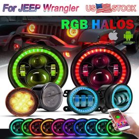 7'' RGB LED Headlights + 4 '' LED Fog Lights Color Halo Ring + Amber Turn Signal+ Fender Side Marker Lights Assembly for Jeep Wrangler 2007-2017 JKU J