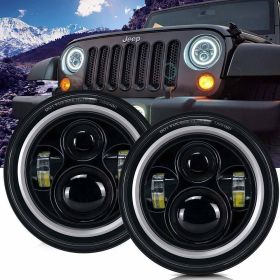 DOT Approved 7" Round Black LED Headlight with High Low Beam White DRL Amber Turn Signal for Jeep Wrangler JK TJ LJ CJ Hummer H1 H2 (Pair) - Cr-TUR-CX