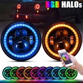7'' inch Round LED Headlights w/RGB Halo Ring Hi/Lo Beam for 1997~2018 Jeep Wrangler JK TJ LJ CJ Sahara Rubicon Willys Hummer H1 H2 - Cr-CXD-60WBKRGB2